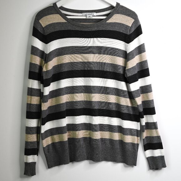 LIZ CLAIBORNE Gray Cream Tan Striped Long Sleeve Classic Soft Sweater - Size XL - Picture 2 of 8
